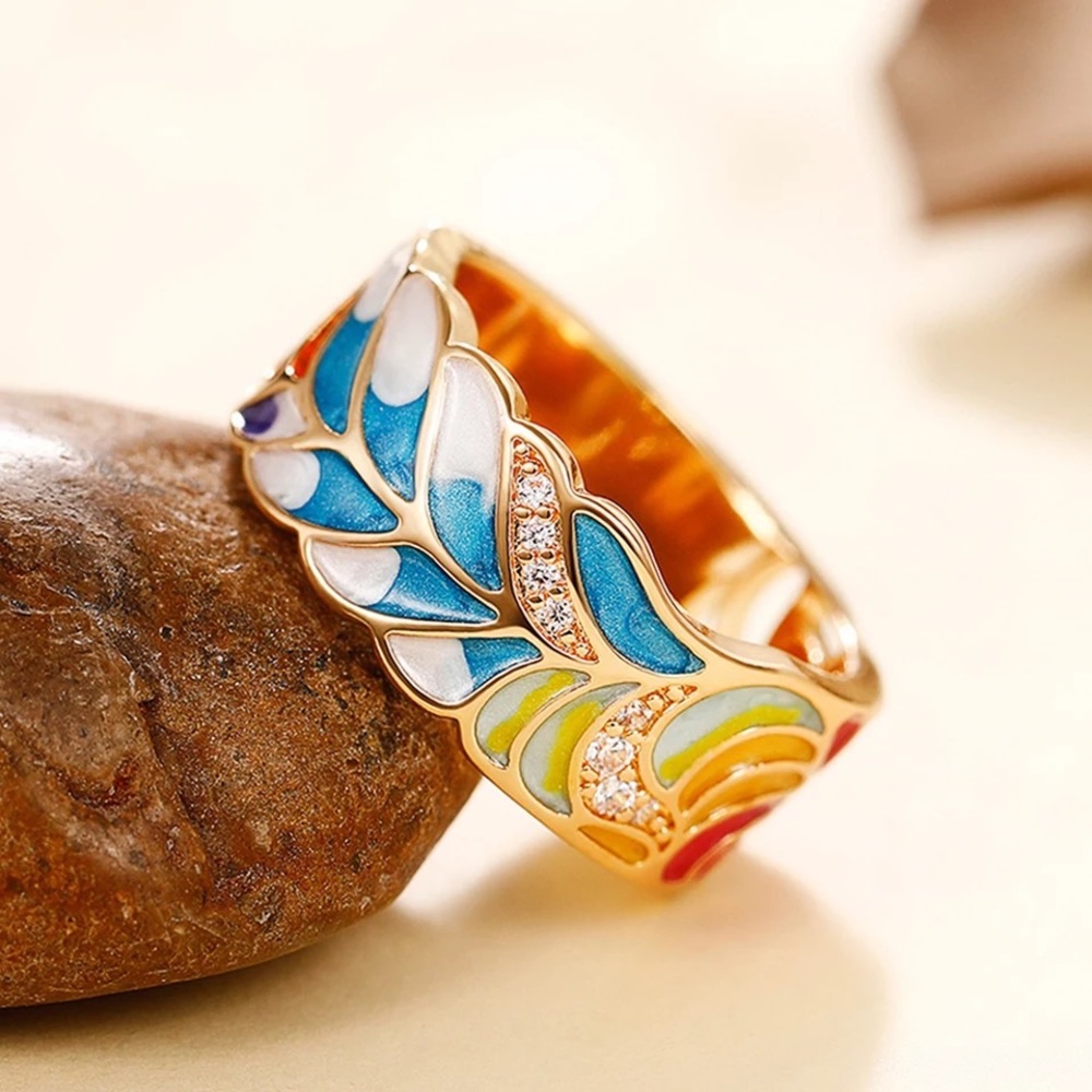 Anthro Personality Enamel Green Leaf Design Women Finger Ring Wide Band Vintage - Picture 6 of 6